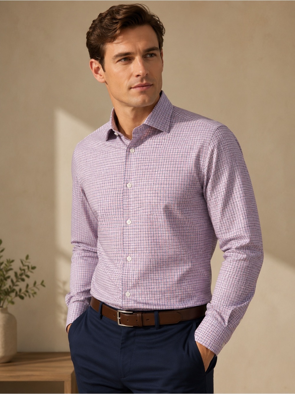 Banana Republic XL Slim Fit Cotton Button Down Dress Shirt Pink Blue Check Plaid
